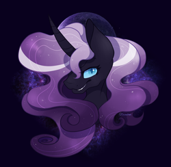 Size: 3580x3489 | Tagged: safe, artist:screwchaos, nightmare rarity, pony, unicorn, g4, antagonist, bust, evil grin, female, full moon, grin, high res, looking at you, mare, moon, nebula, portrait, purple background, sharp teeth, simple background, smiling, solo, teeth, villainess