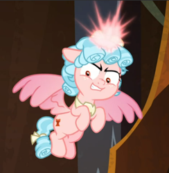 Size: 612x626 | Tagged: safe, screencap, cozy glow, alicorn, pony, g4, the ending of the end, alicornified, bow, cozycorn, cropped, evil smile, female, flying, glowing horn, grin, horn, race swap, smiling, solo, spread wings, tail bow, wings
