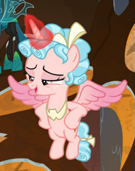Size: 515x650 | Tagged: safe, screencap, cozy glow, alicorn, pony, g4, the ending of the end, alicornified, bow, cozycorn, cropped, female, flying, glowing horn, horn, lidded eyes, race swap, solo, tail bow