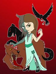Size: 1555x2053 | Tagged: safe, artist:chili19, oc, oc only, oc:olivia sky, bird, crow, demon, human, undead, zombie, clothes, dress, frown, gradient background, high heels, humanized, shoes
