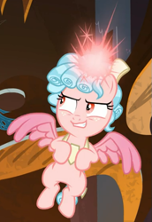 Size: 495x719 | Tagged: safe, screencap, cozy glow, alicorn, pony, g4, the ending of the end, alicornified, cozycorn, cropped, evil grin, female, glowing horn, grin, horn, race swap, smiling, solo, spread wings, wings
