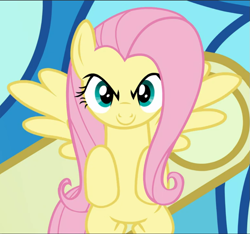 Size: 1003x940 | Tagged: safe, screencap, fluttershy, pony, g4, the ending of the end, cropped, determined, female, flying, grin, smiling, solo, spread wings, wings