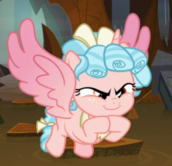 Size: 532x513 | Tagged: safe, screencap, cozy glow, alicorn, pony, g4, the ending of the end, alicornified, bow, cozycorn, cropped, evil smile, female, flying, gendo pose, grin, race swap, smiling, solo, spread wings, tail bow, wings