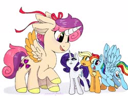 Size: 2048x1536 | Tagged: safe, artist:incendiarymoth, apple bloom, applejack, rainbow dash, rarity, scootaloo, sweetie belle, oc, alicorn, earth pony, pegasus, pony, unicorn, g4, :d, >:d, colored hooves, colored wings, colored wingtips, cutie mark crusaders, d:, female, filly, flying, four ears, fusion, fusion:apple bloom, fusion:scootaloo, fusion:sweetie belle, fusion:sweetiebloomaloo, happy, macro, mare, multicolored eyes, multiple ears, multiple legs, multiple limbs, open mouth, open smile, raised hoof, ribbon, siblings, simple background, sisters, six legs, size difference, smiling, spread wings, surprised, the ultimate cutie mark crusader, two toned wings, varying degrees of want, wat, we have become one, what has science done, white background, wings
