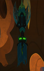 Size: 581x937 | Tagged: safe, screencap, queen chrysalis, changeling, changeling queen, g4, the ending of the end, cropped, dark, female, glowing eyes, hanging, hanging upside down, solo, ultimate chrysalis