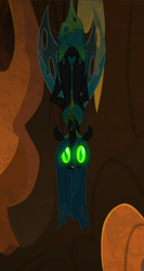 Size: 496x935 | Tagged: safe, screencap, queen chrysalis, changeling, changeling queen, g4, the ending of the end, cropped, dark, female, glowing eyes, hanging, hanging upside down, smiling, solo, ultimate chrysalis