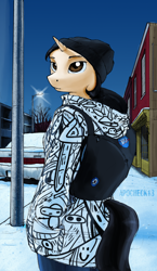 Size: 1978x3411 | Tagged: safe, artist:apocheck13, oc, oc only, oc:elya, unicorn, anthro, backpack, car, clothes, female, jacket, looking back, morning, snow, solo, street, winter, winter jacket, winter outfit