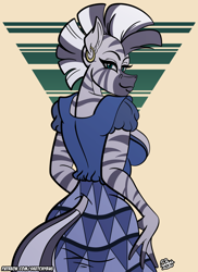 Size: 1200x1650 | Tagged: safe, artist:sketchybug, zecora, zebra, anthro, g4, clothes, ear piercing, earring, female, jewelry, looking at you, looking back, piercing, skirt, zecora appreciation week