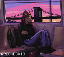 Size: 1039x940 | Tagged: safe, artist:apocheck13, oc, oc only, anthro, backpack, bridge, clothes, female, food, jeans, metro, morning, pants, sitting, solo, subway, sunrise, train
