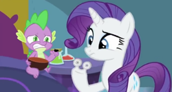 Size: 496x265 | Tagged: safe, screencap, rarity, spike, dragon, pony, unicorn, ail-icorn, g4, interseason shorts, bowl, censored, gritted teeth, looking at something, nervous, rariskate, unnecessary censorship, winged spike, wings