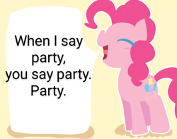 Size: 760x600 | Tagged: safe, artist:qoaties, pinkie pie, earth pony, pony, g4, eyes closed, female, mare, open mouth, party, smiling, solo, text