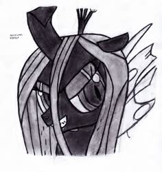 Size: 1024x1084 | Tagged: safe, artist:drchrisman, queen chrysalis, changeling, changeling queen, g4, female, monochrome