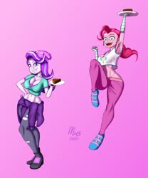 Size: 2000x2400 | Tagged: safe, artist:marches45, pinkie pie, starlight glimmer, equestria girls, g4, armpits, beanie, birthday gift, breasts, busty pinkie pie, busty starlight glimmer, chocolate cake, cleavage, clothes, digital art, duo, duo female, eye clipping through hair, eyebrows, eyebrows visible through hair, female, geode of sugar bombs, gift art, glim glam, gradient background, grin, hand on hip, hat, high res, hoodie, jumping, magical geodes, midriff, open mouth, open smile, plate, ponk, short shirt, signature, smiling, smiling at you, tank top, tennis shoes