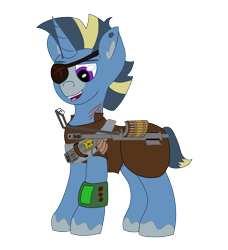Size: 2941x3226 | Tagged: safe, artist:pugs911, oc, oc only, oc:chinook arch, pony, unicorn, fallout equestria, armor, battle saddle, gun, high res, male, pipbuck, scar, simple background, solo, stallion, transparent background, unshorn fetlocks, weapon