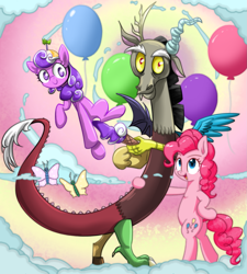Size: 1437x1600 | Tagged: safe, artist:ce2438, artist:yinglung, discord, pinkie pie, screwball, butterfly, draconequus, earth pony, pony, g4, balloon, cloud, collaboration, food, ice cream, ice cream cone, ice cream tail, pinkiecord, topsy turvy