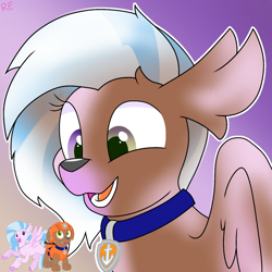 Size: 1250x1250 | Tagged: safe, artist:rainbow eevee, silverstream, dog, hippogriff, g4, character to character, chocolate labrador, collar, cute, diastreamies, gradient background, male to female, open mouth, paw patrol, rule 63, rule63betes, simple background, transformation, transgender transformation, wings, zuma, zuma (paw patrol)
