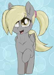 Size: 1250x1750 | Tagged: safe, artist:t72b, derpibooru exclusive, derpy hooves, pegasus, pony, g4, abstract background, alternate hairstyle, blushing, cute, derpabetes, female, freckles, happy, mare, pigtails, raised hoof, smiling, solo