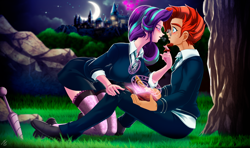 Size: 3460x2050 | Tagged: safe, artist:mauroz, starlight glimmer, sunburst, human, g4, anime, anime style, blushing, book, castle, clothes, digital art, female, glasses, high res, humanized, looking at each other, male, ship:starburst, shipping, socks, straight, thigh highs, tree