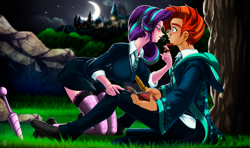 Size: 3460x2050 | Tagged: safe, alternate version, artist:mauroz, starlight glimmer, sunburst, human, g4, anime, anime style, blushing, book, castle, clothes, digital art, female, glasses, high res, humanized, looking at each other, male, ship:starburst, shipping, straight, tree