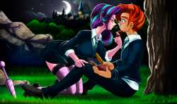 Size: 3460x2050 | Tagged: safe, alternate version, artist:mauroz, starlight glimmer, sunburst, human, g4, anime, anime style, blushing, book, castle, clothes, digital art, female, glasses, high res, humanized, looking at each other, male, ship:starburst, shipping, straight, tree