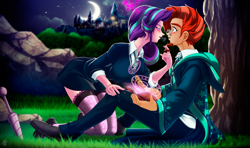 Size: 3460x2050 | Tagged: safe, alternate version, artist:mauroz, starlight glimmer, sunburst, human, g4, anime, anime style, blushing, book, castle, clothes, digital art, duo, female, glasses, high res, humanized, looking at each other, male, ship:starburst, shipping, straight, tree