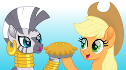 Size: 1618x900 | Tagged: safe, artist:cloudy glow, applejack, zecora, earth pony, pony, zebra, g4, applejack's hat, bracelet, cowboy hat, duo, ear piercing, earring, female, food, gradient background, hat, jewelry, mare, movie accurate, necklace, pie, piercing, tongue out