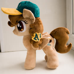 Size: 2200x2200 | Tagged: safe, artist:valmiiki, oc, oc only, oc:vanilla creame, pegasus, pony, alcohol, baseball cap, beer, cap, cute, female, folded wings, hat, high res, irl, mare, oakland athletics, photo, plushie, shadow, side view, simple background, solo, wings