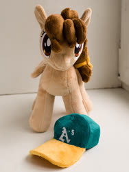 Size: 1650x2200 | Tagged: safe, artist:valmiiki, oc, oc only, oc:vanilla creame, pegasus, pony, baseball cap, cap, cute, female, folded wings, front view, hat, irl, mare, oakland athletics, photo, plushie, simple background, solo, wings