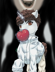 Size: 1077x1405 | Tagged: safe, artist:centanimals, pony, unicorn, apple, crossover, death note, food, minoru tanaka, mouth hold, ponified, solo