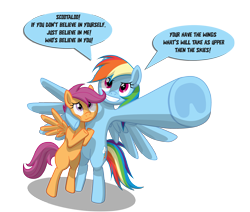 Size: 2711x2304 | Tagged: safe, artist:le-23, rainbow dash, scootaloo, pony, g4, bipedal, engrish, high res, intentional spelling error, simple background, tengen toppa gurren lagann, transparent background, underhoof