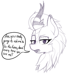 Size: 908x934 | Tagged: safe, artist:pinkberry, cinder glow, summer flare, kirin, g4, bust, cinder glow is not amused, female, lidded eyes, looking at you, monochrome, sketch, solo, text, unamused