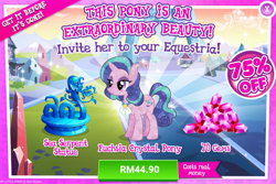 Size: 1033x688 | Tagged: safe, gameloft, crystal glamour, steven magnet, crystal pony, pony, unicorn, g4, advertisement, costs real money, female, fuchsia crystal pony, gem, introduction card, mare, statue