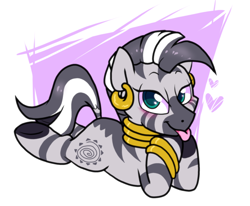 Size: 1094x900 | Tagged: safe, artist:paperbagpony, zecora, pony, zebra, art pack:zecora appreciation project, g4, :p, bedroom eyes, blushing, bracelet, catchlights, ear piercing, earring, female, heart, highlights, jewelry, looking at you, neck rings, piercing, prone, quadrupedal, simple background, smiling, solo, tongue out, underhoof