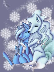 Size: 1280x1707 | Tagged: safe, artist:bambideer460, oc, oc:glacandra, alolan ninetales, fox, kitsune, ninetales, pony, unicorn, alolan form, bow, cute, eyes closed, hair bow, hug, pokémon, simple background