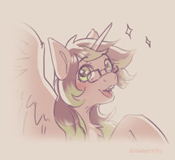 Size: 644x591 | Tagged: safe, artist:strawberrytfs, oc, oc only, oc:tharkis, alicorn, pony, blushing, bust, cream background, fangs, female, glasses, human to pony, implied transformation, implied transgender transformation, looking at you, mare, open mouth, simple background, solo, spread wings, wings