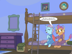 Size: 4000x3000 | Tagged: safe, artist:gd_inuk, ocellus, sandbar, smolder, changedling, changeling, dragon, g4, bed, bedroom, bunk bed, chest, clothes, cute, dialogue, diaocelles, dragoness, duo, eyes closed, female, high res, ladder, mirror, nightgown, pajamas, picture frame, sitting, smolderbetes, speech bubble