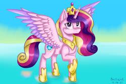 Size: 3000x2000 | Tagged: safe, artist:brilliant-luna, princess cadance, alicorn, pony, g4, chest fluff, digital art, female, high res, jewelry, looking at you, mare, raised hoof, regalia, smiling, solo, two toned wings, wings