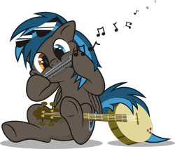 Size: 2000x1698 | Tagged: safe, artist:le-23, oc, oc only, oc:going lucky, pegasus, pony, banjo, harmonica, heterochromia, male, music notes, musical instrument, simple background, solo, stallion, sunglasses, transparent background