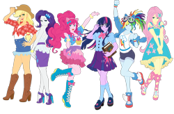 Size: 12189x8000 | Tagged: safe, artist:pink1ejack, kotobukiya, applejack, fluttershy, pinkie pie, rainbow dash, rarity, twilight sparkle, human, equestria girls, g4, absurd resolution, anime style, applejack's hat, backless, bishoujo, book, boots, bracelet, clothes, cowboy hat, denim skirt, dress, eyes closed, fake ears, female, glasses, goggles, hat, high heels, humanized, i can't believe it's not sci-twi, jewelry, kneesocks, kotobukiya applejack, kotobukiya fluttershy, kotobukiya pinkie pie, kotobukiya rainbow dash, kotobukiya rarity, kotobukiya twilight sparkle, looking at you, mane six, miniskirt, moe, one eye closed, open mouth, pleated skirt, pony coloring, ponytail, shirt, shoes, shorts, simple background, skirt, smiling, socks, stetson, stiletto heels, tank top, transparent background, twilight sparkle (alicorn), twilight's professional glasses, vector, wink, wristband