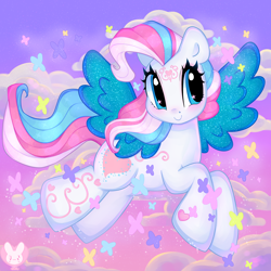Size: 4000x4000 | Tagged: safe, artist:bunxl, star catcher, butterfly, pegasus, pony, dancing in the clouds, g3, catcherbetes, cloud, coat markings, cute, female, flying, mare, smiling, solo, sparkles, starry eyes, swirls, swirly markings, wingding eyes