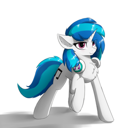Size: 750x750 | Tagged: safe, artist:d.w.h.cn, dj pon-3, vinyl scratch, pony, unicorn, g4, eye clipping through hair, female, hair over one eye, headphones, looking at you, mare, raised hoof, simple background, smiling, solo, vinyl's headphones, white background