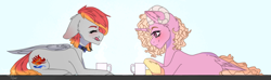 Size: 1026x303 | Tagged: safe, artist:justgoldylocks, oc, oc only, oc:arian blaze, oc:morning bliss, original species, pegasus, pony, blushing, cup, duo, eyes closed, female, food, horn, lying down, mare, prone, smiling, tea, tongue out, unshorn fetlocks