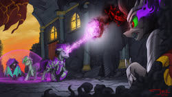 Size: 3000x1688 | Tagged: safe, artist:1jaz, king sombra, oc, oc:gallius, oc:jester pi, oc:purple flame, bat pony, pony, umbrum, unicorn, g4, angry, armor, barrier, bat pony oc, castle, commission, curved horn, dark magic, evil, fight, horn, magic