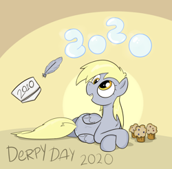 Size: 2198x2160 | Tagged: safe, artist:cookieboy011, derpy hooves, pegasus, pony, g4, abstract background, bubble, chest fluff, cute, derpy day, derpy day 2020, female, food, high res, mare, muffin, prone, solo