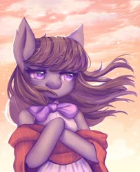 Size: 805x992 | Tagged: safe, artist:cosyosy, octavia melody, earth pony, semi-anthro, g4, arm hooves, clothes, female, mare, ribbon, sky background, solo, sunset, windswept mane