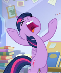 Size: 710x853 | Tagged: safe, screencap, twilight sparkle, alicorn, pony, g4, the ending of the end, bipedal, book, cropped, female, floppy ears, hooves in air, mawshot, open mouth, solo, twilight sparkle (alicorn), uvula