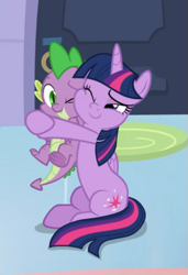 Size: 437x639 | Tagged: safe, screencap, spike, twilight sparkle, alicorn, dragon, pony, g4, the ending of the end, cheek squish, cropped, cute, duo, female, hug, male, sitting, spikabetes, squishy cheeks, twiabetes, twilight sparkle (alicorn), winged spike, wings