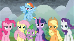 Size: 1671x939 | Tagged: safe, screencap, applejack, fluttershy, pinkie pie, rainbow dash, rarity, spike, twilight sparkle, alicorn, dragon, pony, g4, the ending of the end, cropped, determined, female, flying, group, male, mane seven, mane six, twilight sparkle (alicorn), winged spike, wings