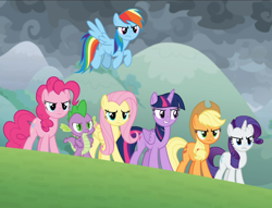 Size: 1228x938 | Tagged: safe, screencap, applejack, fluttershy, pinkie pie, rainbow dash, rarity, spike, twilight sparkle, alicorn, dragon, pony, g4, the ending of the end, cropped, determined, female, flying, group, male, mane seven, mane six, smiling, twilight sparkle (alicorn), winged spike, wings