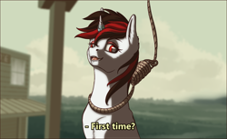 Size: 1004x614 | Tagged: safe, artist:aterhut, oc, oc only, oc:blackjack, pony, unicorn, fallout equestria, fallout equestria: project horizons, dialogue, execution, first time (meme), hanging (by neck), horn, magic suppression, meme, noose, ponified meme, small horn, solo, text, the ballad of buster scruggs, this will not end in death